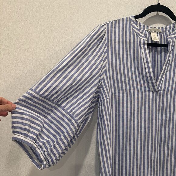 H & M Linen Blend Blue White Striped Tunic Mini Dress Size M Beach Vacation Chic - Picture 3 of 7